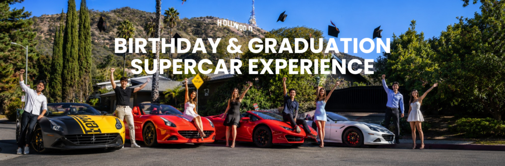 Friends celebrating a birthday and graduation with a luxury Ferrari supercar experience in Hollywood Los Angeles.