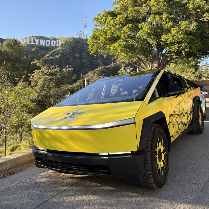cybertruck in front of hollywood sign