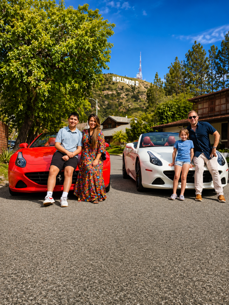 portrait of family red and white ferrari hollywood sign photo stop