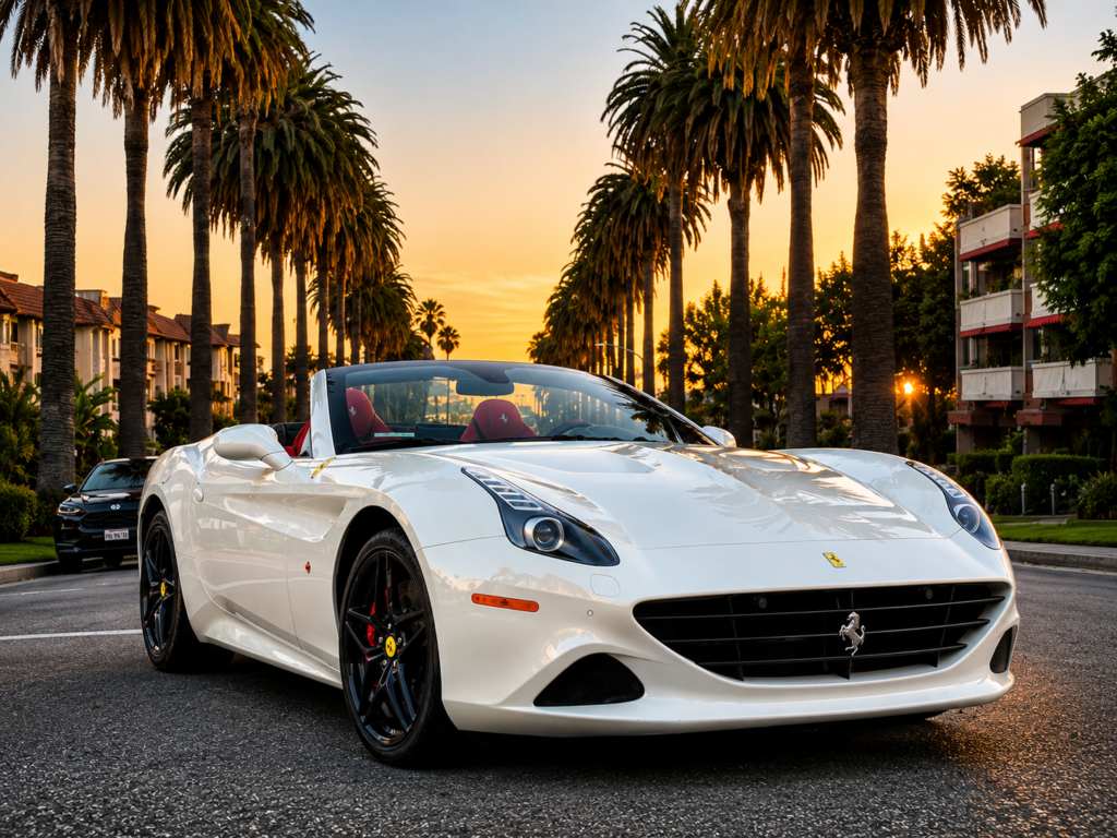 white ferrari during sunset at beverly hills