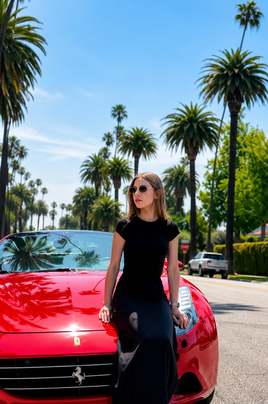 Guest posing in front of a red Ferrari California T on a palm tree-lined street during a Ferrari driving experience in Los Angeles.