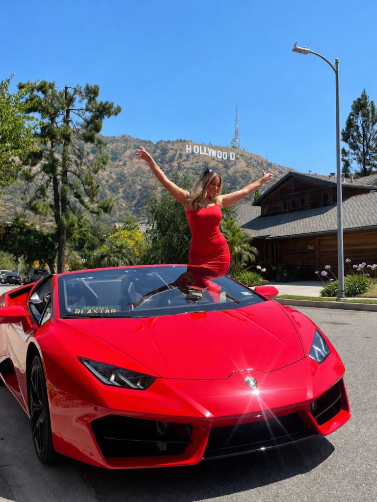 Woman posing in a red Lamborghini Huracán Spyder near the Hollywood Sign in Los Angeles