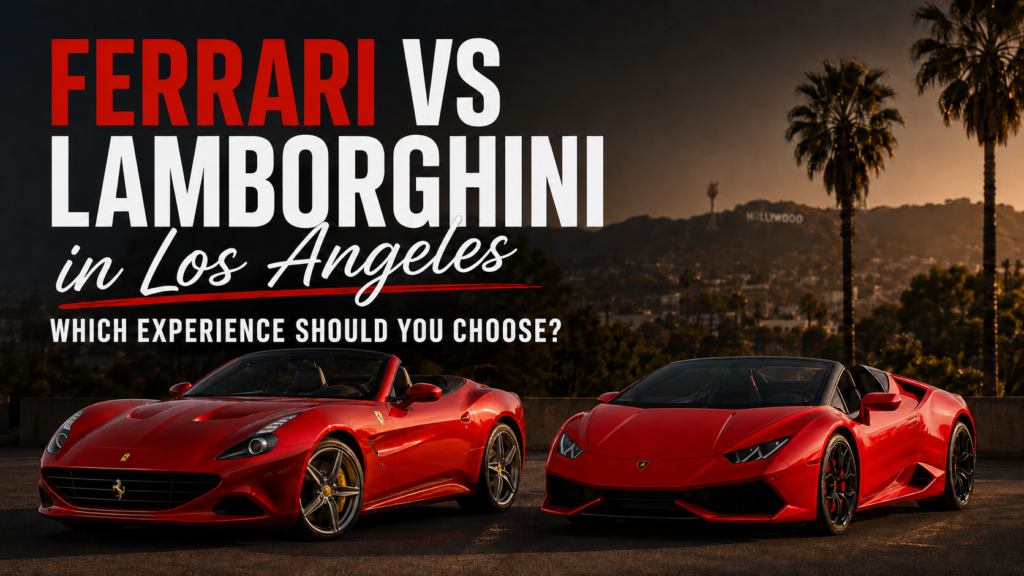 Red Ferrari California T and red Lamborghini Huracán parked side by side in Los Angeles with the Hollywood Sign in the background.