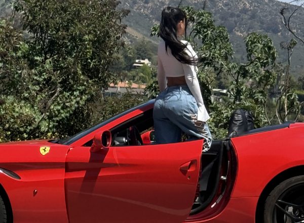 Woman red ferrari hollywood sign Los Angeles driving experience ride like a star