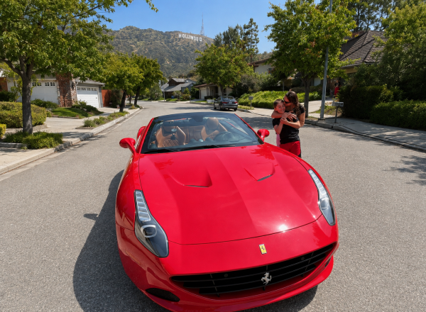 mom and son posing at the hollywood sign with ferrari one of the unique things to do with kids in los angeles
